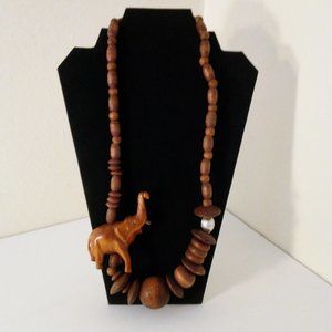 Beaded Necklace with Carved Wood Elephant Vintage 24" Chunky